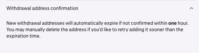Kraken Support's expanded Withdrawal address confirmation panel states that unconfirmed addresses expire after one hour.